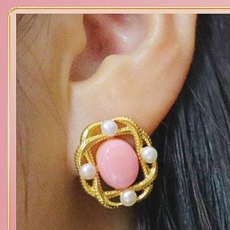Square Pink Queen Conch Shell Pearls Earrings Gold Vermeil - House Of Pearls